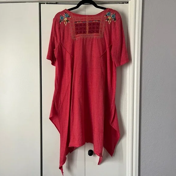 JW Los Angeles Joy Love Light Embroidered Tunic Top Coral Bohemian Large - Picture 2 of 4